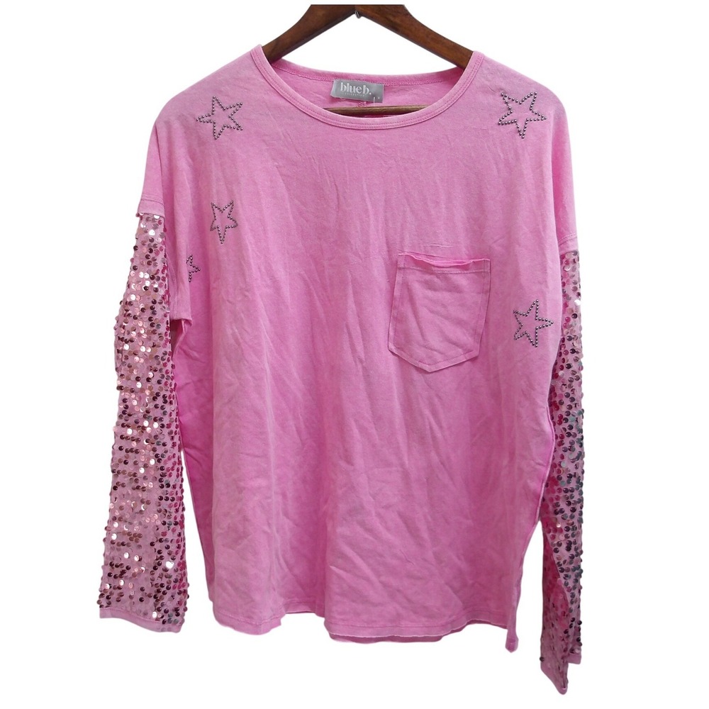 Blue B Pink Long Sleeve T Shirt Sequin Star Embellished Pocket Top M / #26128